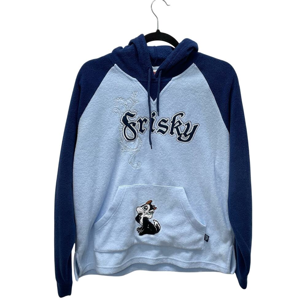 Vintage Looney Tunes Fleece Pullover M Frisky Penelope Skunk Hooded Blue Kidcore